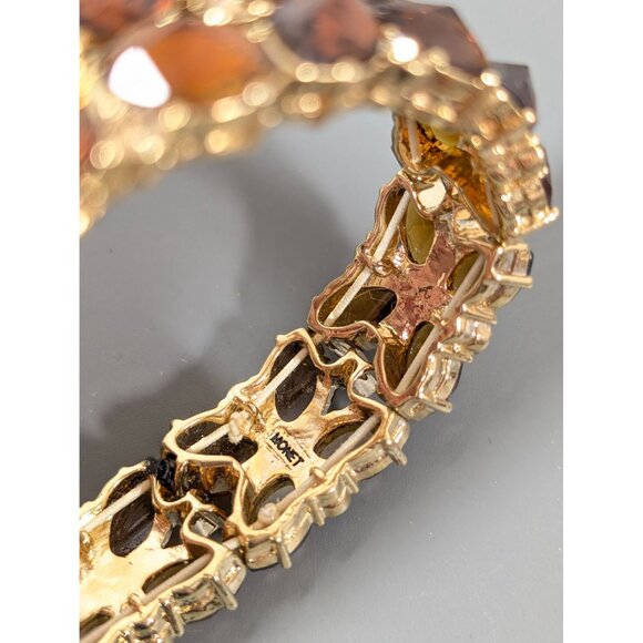 Monet Brown Rhinestone Tennis Bracelet 7" Stretch Gold Tone - Picture 7 of 8